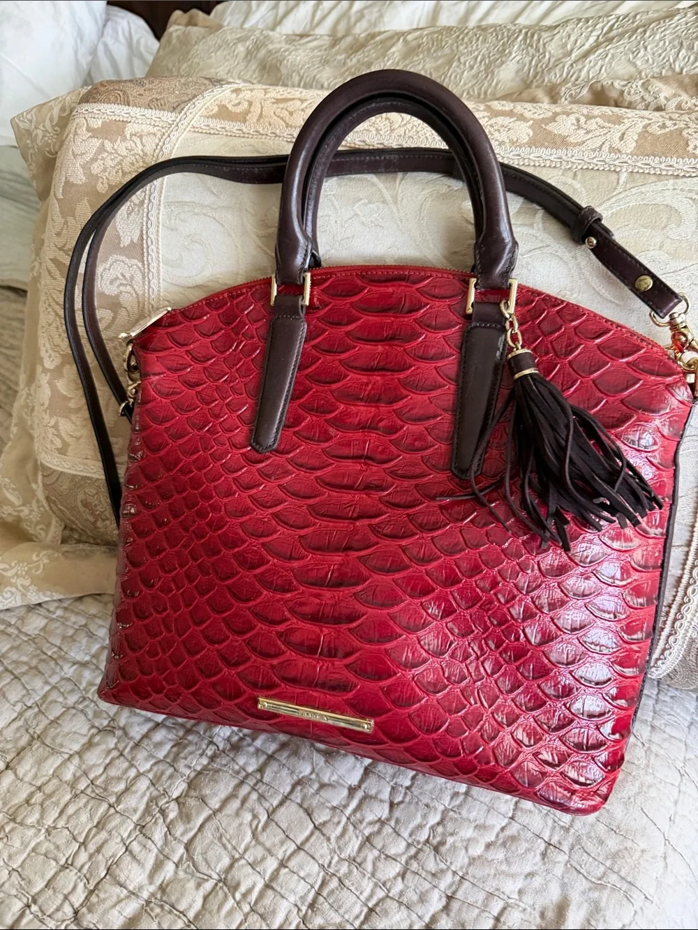 Brahmin bag large red and brown like new 16” by 11”